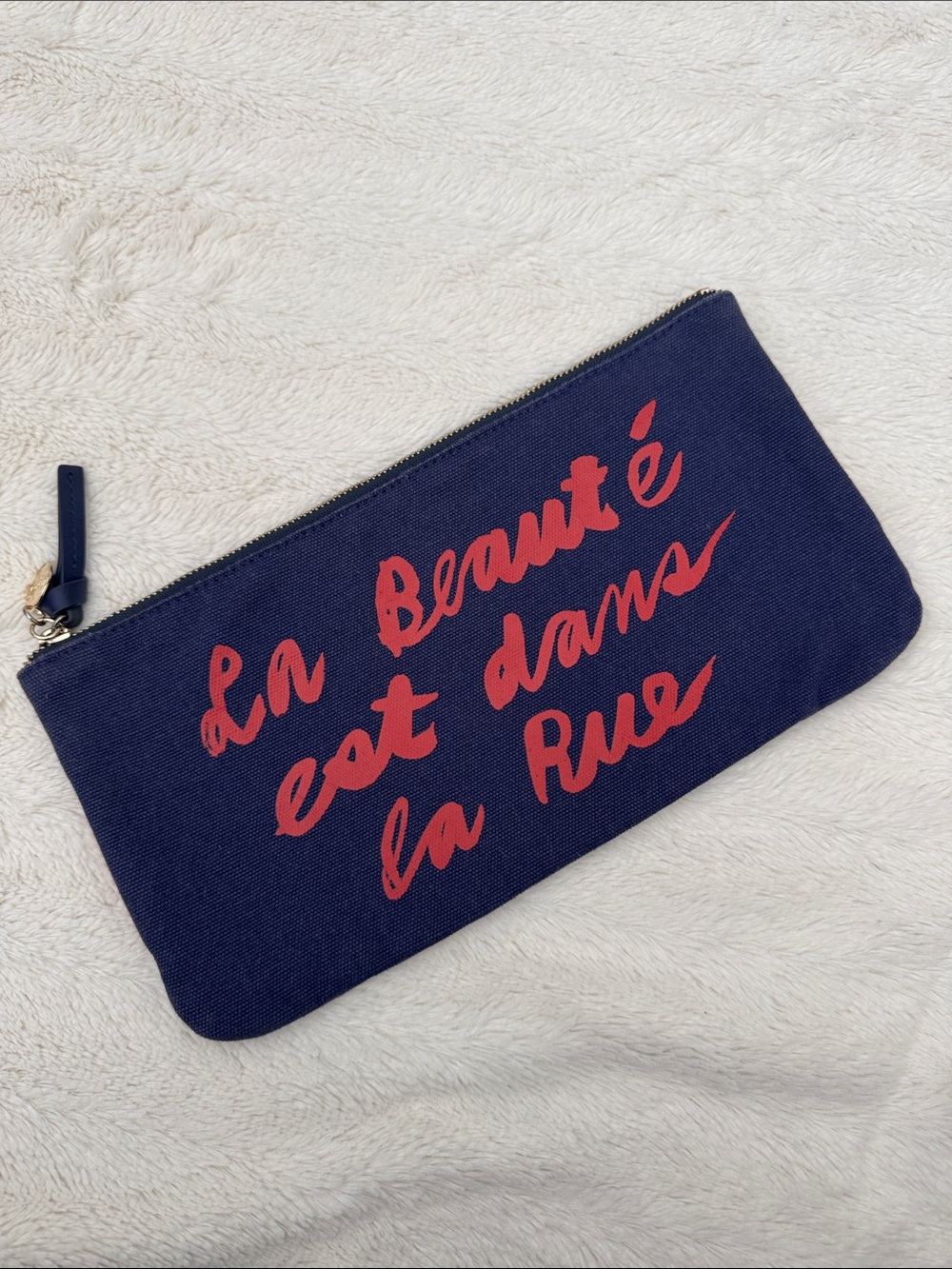 Clare V Navy Canvas Pouch with Red Script